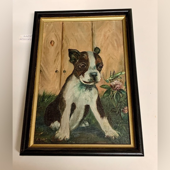 1931 Vintage Artist Signed Framed Oil Paint on Canvas Potrait of Boston Terrier - Picture 5 of 16